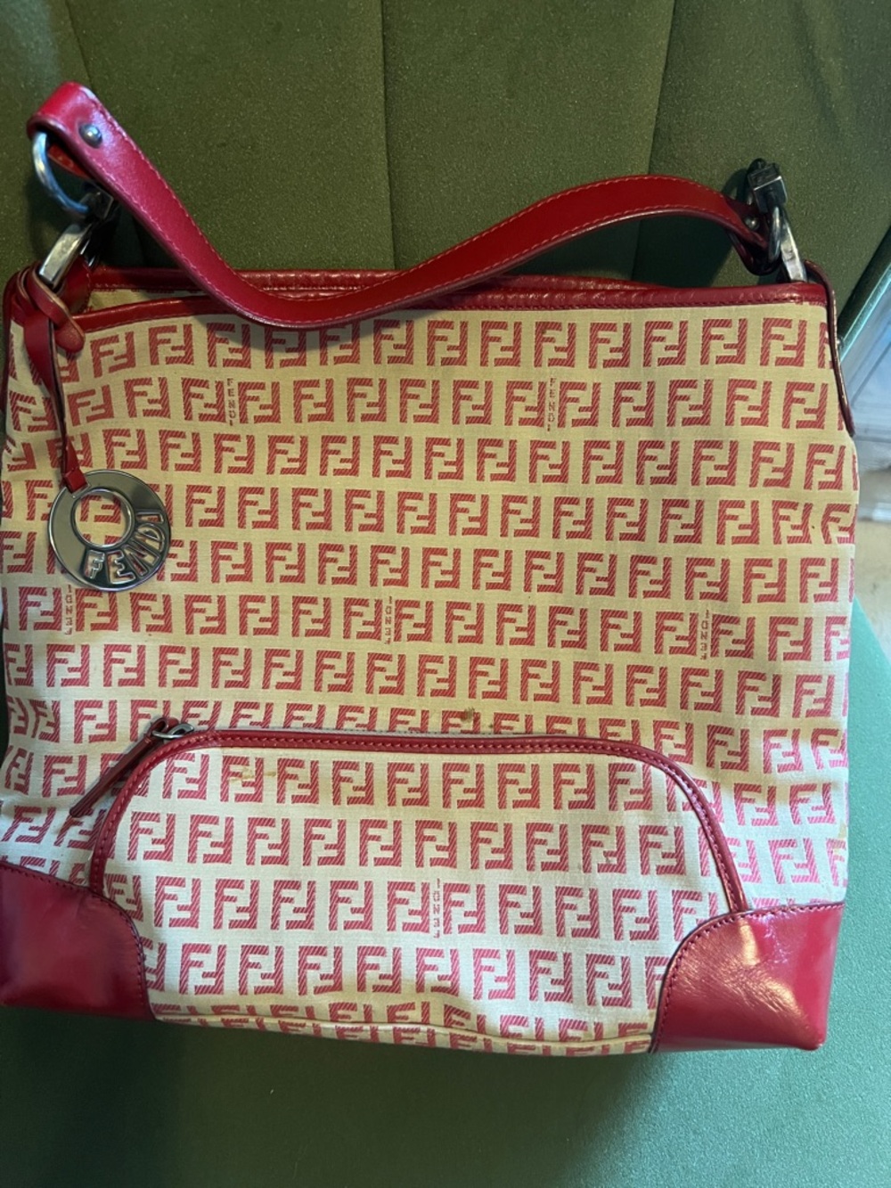 Fendi Cream and Red Zucca Shoulder Bag with Logo Charm